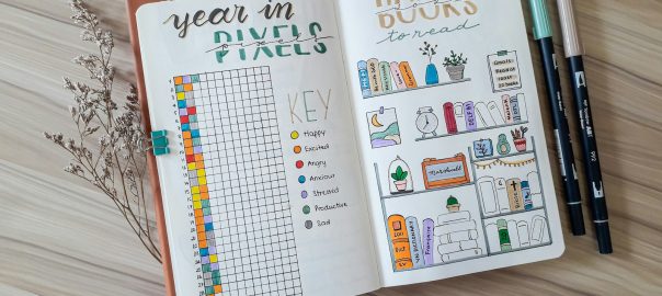 A bullet journal with a habit tracker and colored markers