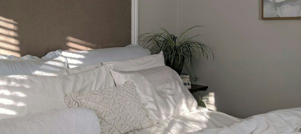 A bed with white linen beside a green plant